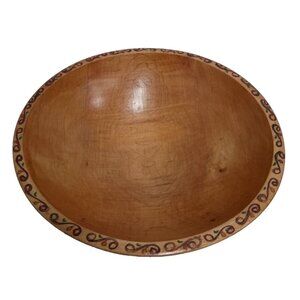 Vintage Munsing Hand Carved Marple Wood Round Footed Bowl Folk Art Design Edge